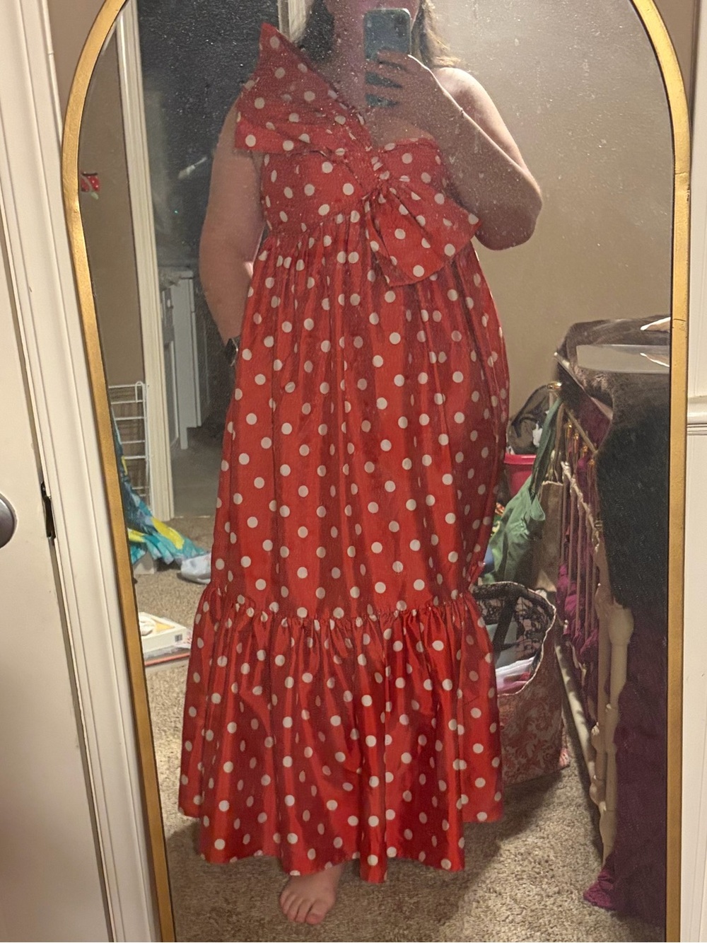 Polka Dot One-Shoulder Maxi Dress - Red